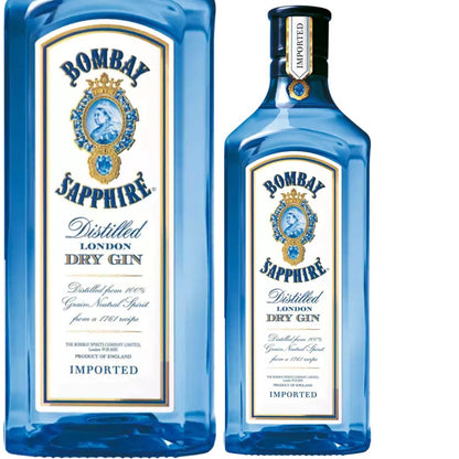 Detalhe do rótulo e da garrafa azul de Bombay Sapphire London Dry Gin.