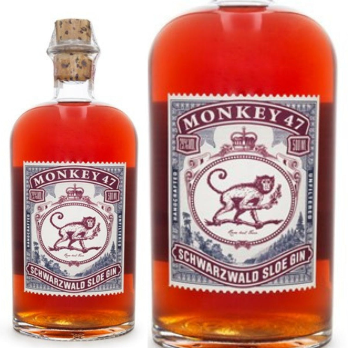 Garrafa Monkey 47 Schwarzwald Sloe Gin e close do rótulo com a identificação Sloe Gin.