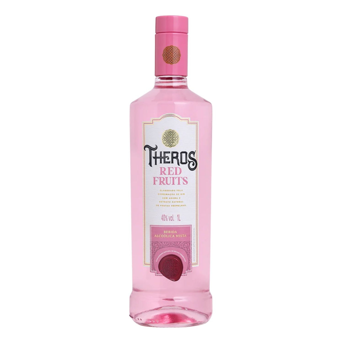 Garrafa rosa de Gin Theros Red Fruits com rótulo frontal indicando 40% vol. e 1 litro.