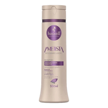 Shampoo desamarelador Haskell Ametista 300 ml em frasco bege com detalhes roxos, vista frontal.