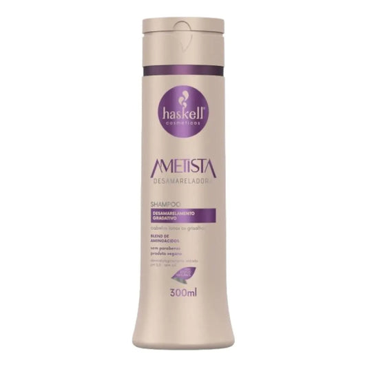 Shampoo desamarelador Haskell Ametista 300 ml em frasco bege com detalhes roxos, vista frontal.