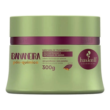 Máscara de tratamento Haskell Bananeira Pós-Química 300 g, pote verde com rótulo frontal