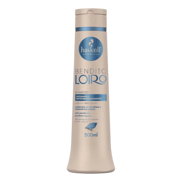 Frasco de shampoo Haskell Bendito Loiro para cabelos descoloridos, 500 ml, com complexo de proteínas e vinagre balsâmico.
