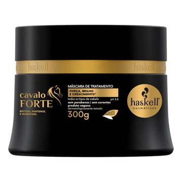 Máscara capilar Haskell Cavalo Forte 300 g em pote preto e dourado, para força, brilho e crescimento.