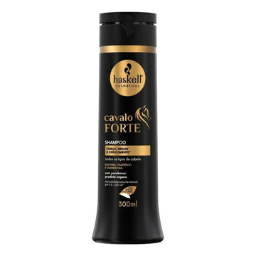 Frasco de shampoo Haskell Cavalo Forte 300 ml, preto e dourado, para todos os tipos de cabelo.