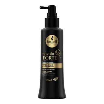 Frasco de tônico ativador Haskell Cavalo Forte para cabelo, com bico aplicador e conteúdo de 120 ml.