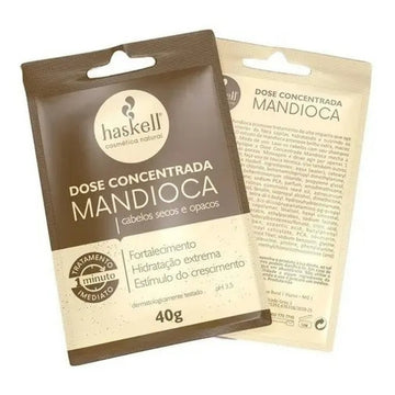Sachê Haskell Dose Concentrada Mandioca 40 g, frente e verso, para cabelos secos e opacos.