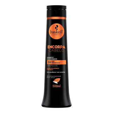 Shampoo Haskell Encorpa Cabelo de 500 ml, frasco preto e laranja para cabelos finos e ralos.