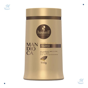Máscara capilar Haskell Mandioca 900 g em pote dourado, com indicação de crescimento e hidratação.