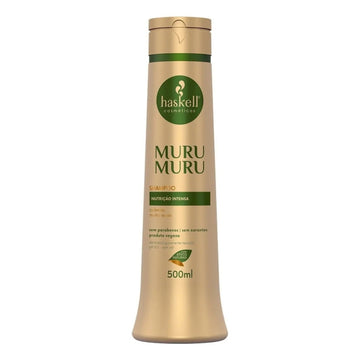 Shampoo Haskell Murumuru 500 ml, embalagem dourada com indicação de nutrição intensa para cabelos muito secos.