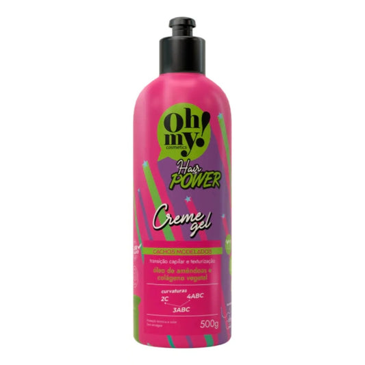 Frasco de 500 g do creme gel Haskell Oh My! Hair Power para cachos modelados.