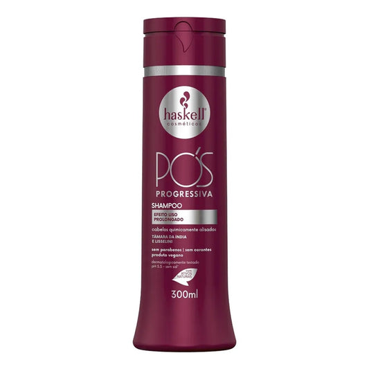 Frasco de shampoo Haskell Pós Progressiva 300 ml para cabelos quimicamente alisados.