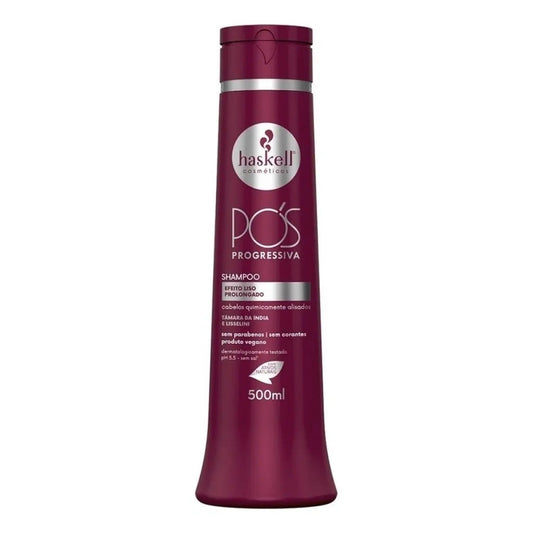 Frasco de shampoo Haskell Pós Progressiva 500 ml, para cabelos quimicamente alisados.