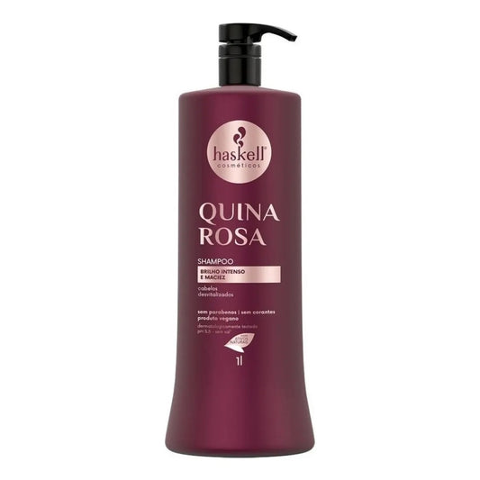 Shampoo Haskell Quina Rosa de 1 litro em frasco com válvula pump, indicado para cabelos desvitalizados.