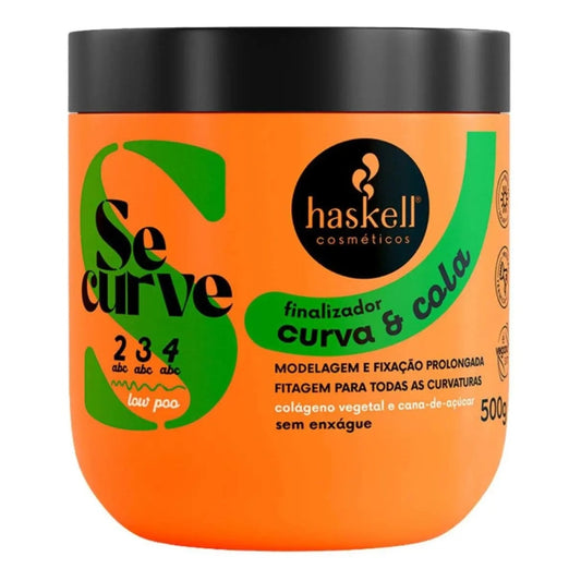 Pote Haskell Se Curve Curva & Cola, finalizador capilar de 500 g, com embalagem laranja e tampa preta.