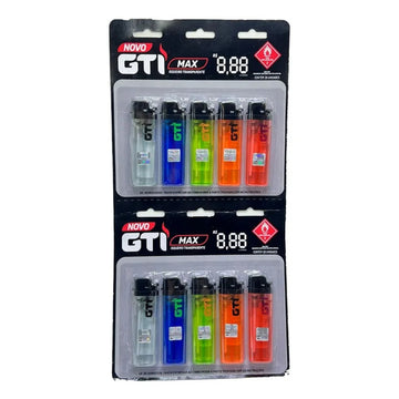 Cartela GTI Max com dez isqueiros transparentes em cores sortidas, organizados em duas fileiras.