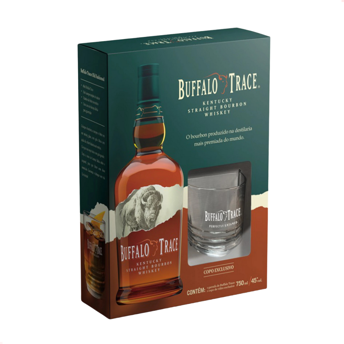 Caixa do kit Buffalo Trace Bourbon com garrafa de 750 ml e copo de vidro.