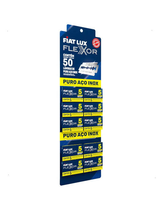 Cartela Fiat Lux Flexor com 50 lâminas de puro aço inox, divididas em embalagens de cinco.