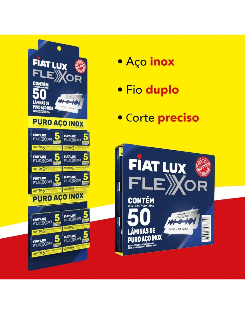 Embalagem Fiat Lux Flexor com 50 lâminas de aço inox e ilustração de lâmina; imagem destaca fio duplo e corte preciso.