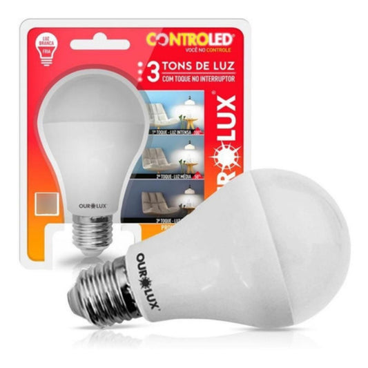 Lâmpada LED Ourolux Controled com embalagem que destaca três tons de luz selecionáveis pelo interruptor.