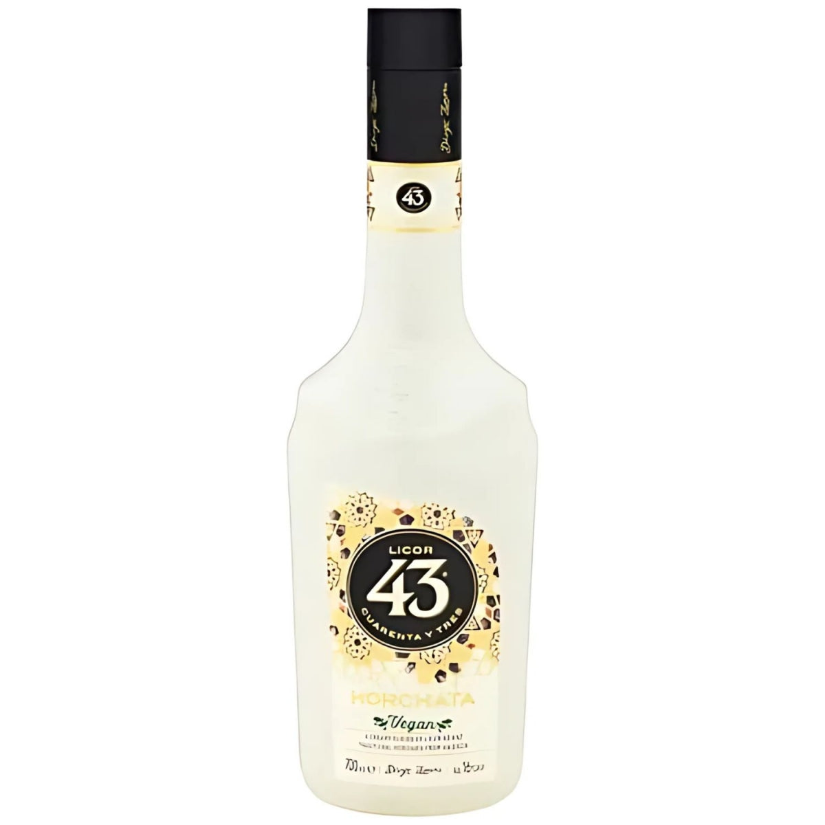 Garrafa branca de Licor 43 Horchata com tampa preta e rótulo decorado.