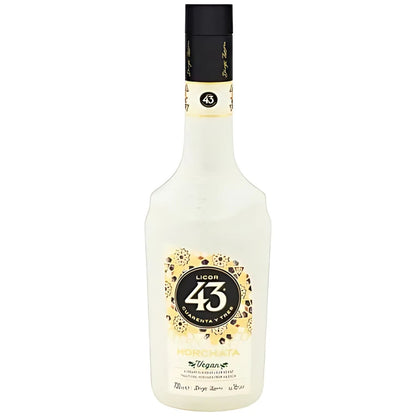 Garrafa branca de Licor 43 Horchata com tampa preta e rótulo decorado.