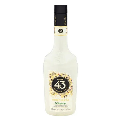 Vista frontal da garrafa de Licor 43 Horchata, com indicação de produto vegano.