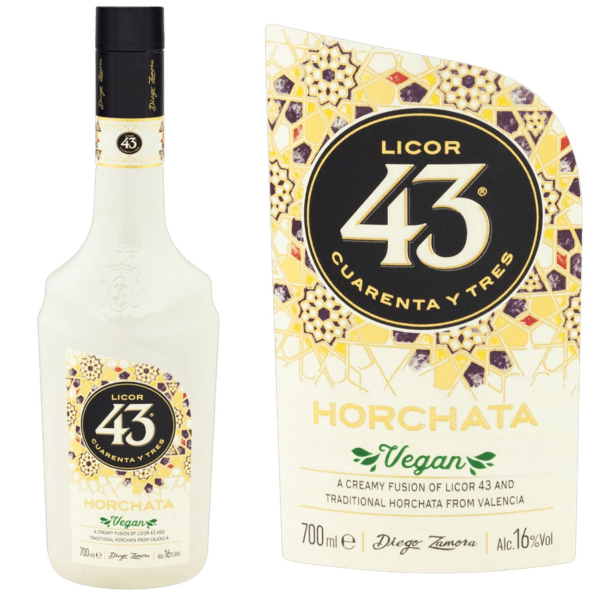 Garrafa e detalhe do rótulo Licor 43 Horchata, com conteúdo de 700 ml e 16% vol.