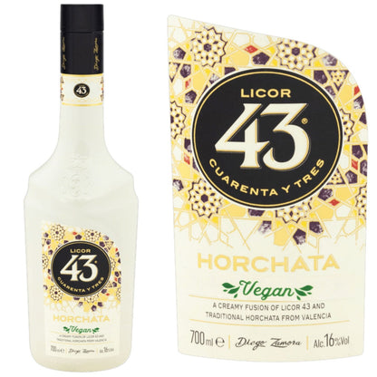 Garrafa e detalhe do rótulo Licor 43 Horchata, com conteúdo de 700 ml e 16% vol.