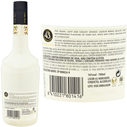 Verso da garrafa de Licor 43 Horchata, com ingredientes e informações sobre soja e glúten.