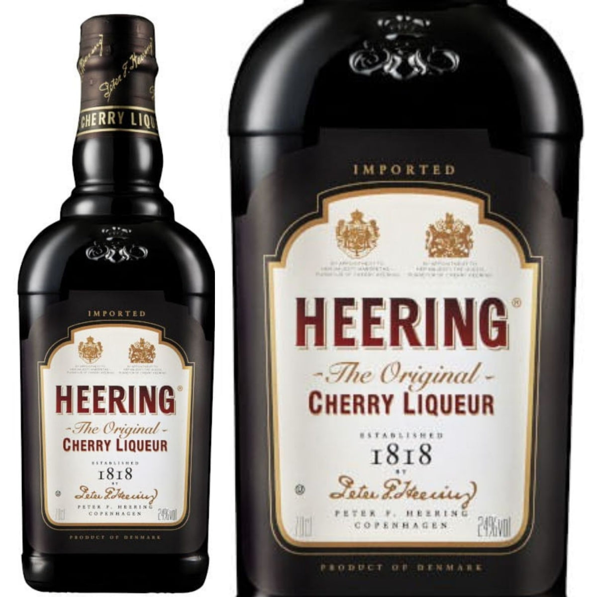Garrafa Cherry Heering ao lado de um close do rótulo The Original Cherry Liqueur.