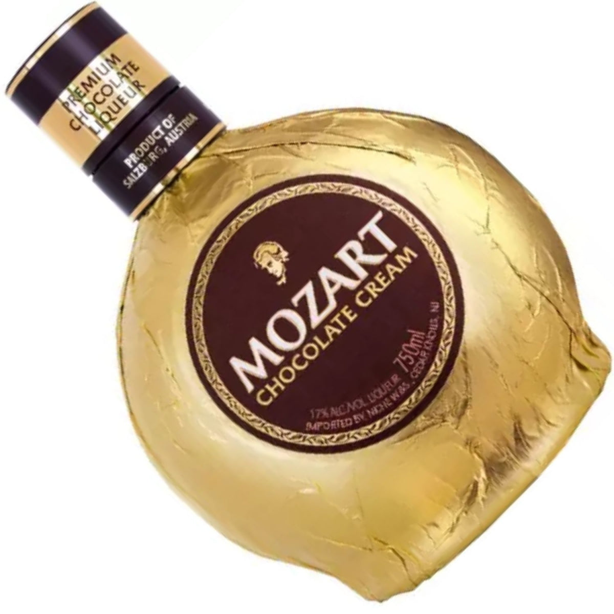 Garrafa Mozart Chocolate Cream vista inclinada, com embalagem dourada e rótulo de licor de chocolate.