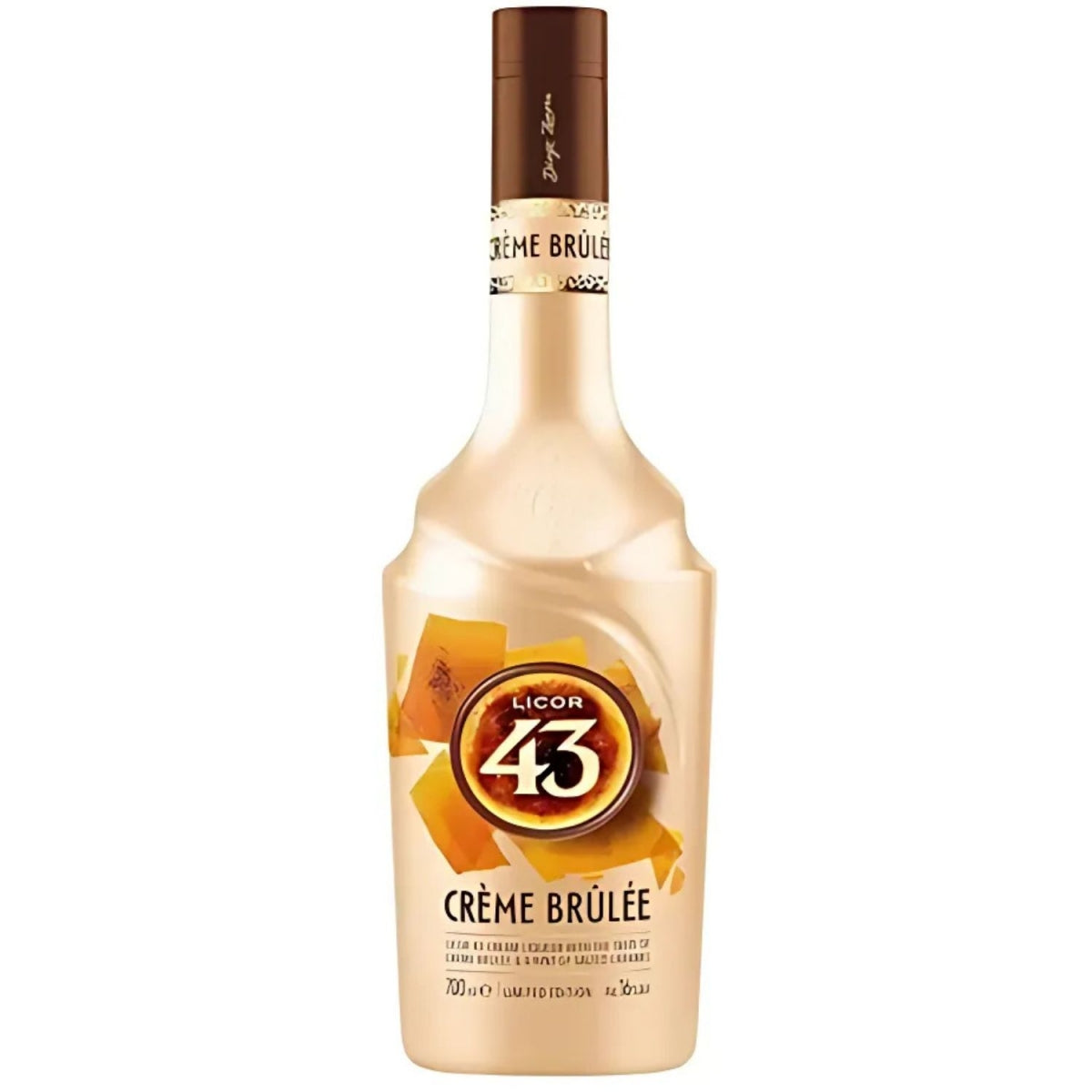 Garrafa de Licor 43 Creme Brûlée, com rótulo bege e tampa marrom.