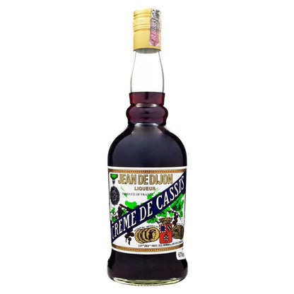 Garrafa de licor Creme de Cassis Jean de Dijon com líquido escuro e rótulo ilustrado.