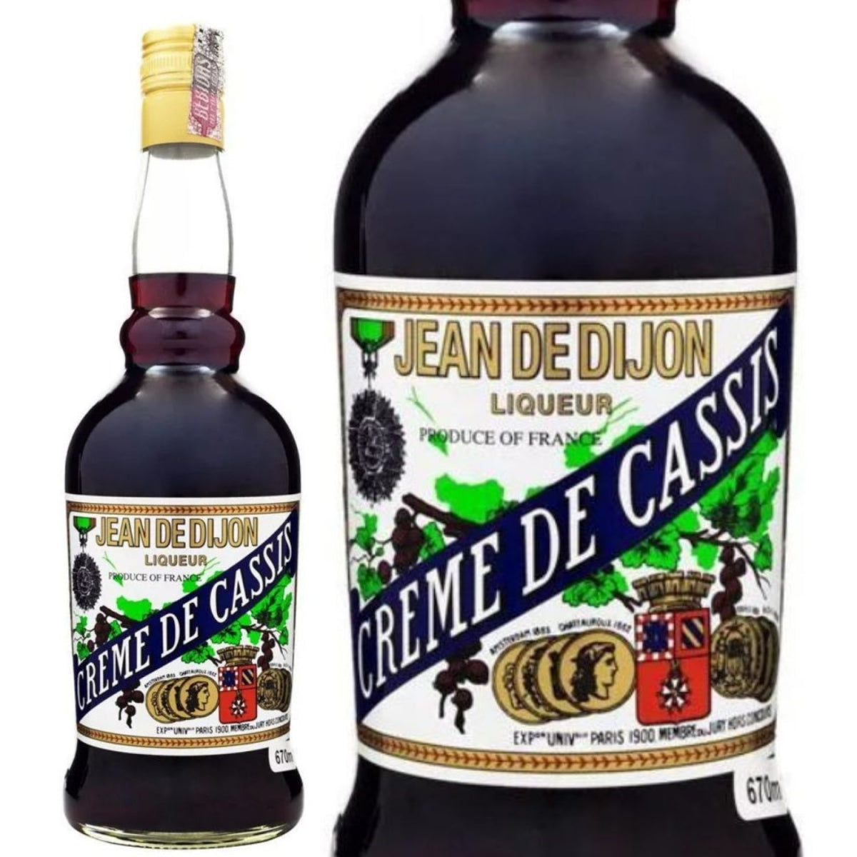 Garrafa Jean de Dijon Creme de Cassis ao lado de uma ampliação do rótulo frontal.