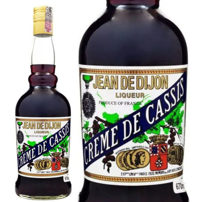 Garrafa Jean de Dijon Creme de Cassis ao lado de uma ampliação do rótulo frontal.
