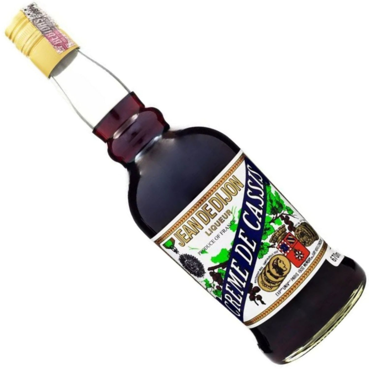 Garrafa de licor Creme de Cassis Jean de Dijon inclinada, mostrando o rótulo frontal.