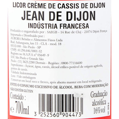 Rótulo traseiro com ingredientes, conteúdo de 700 ml, graduação alcoólica de 16% e informação de que não contém glúten.