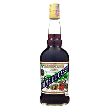 Garrafa de licor Creme de Cassis Jean de Dijon com líquido escuro e rótulo ilustrado.