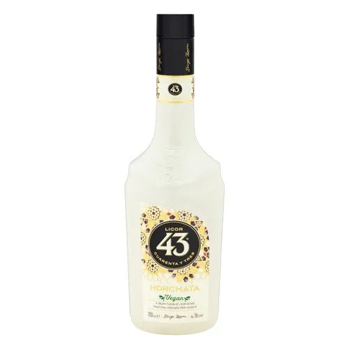 Vista frontal da garrafa de Licor 43 Horchata, com indicação de produto vegano.