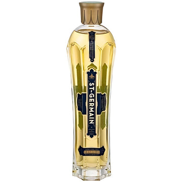 Garrafa transparente de licor Saint-Germain com bebida dourada e tampa dourada.