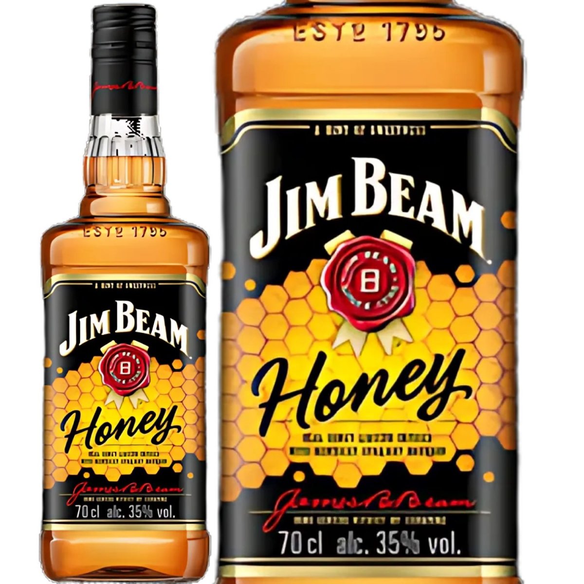 Garrafa Jim Beam Honey ao lado de um detalhe ampliado do rótulo, que indica 70 cl e 35% vol.