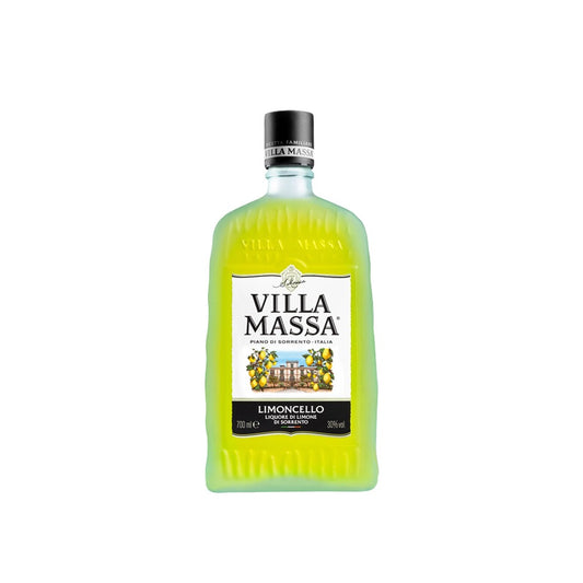 Garrafa de limoncello Villa Massa com líquido amarelo e rótulo preto e branco