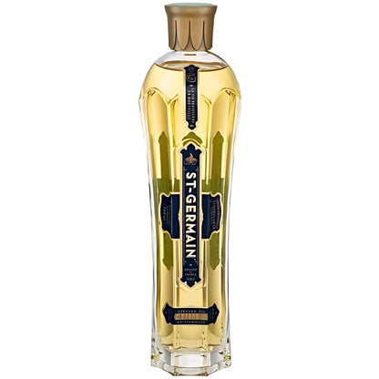 Garrafa transparente de licor Saint-Germain com bebida dourada e tampa dourada.