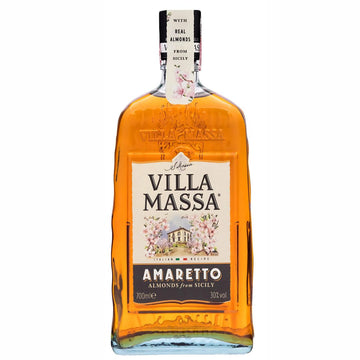 Garrafa de licor Villa Massa Amaretto com líquido âmbar e rótulo de 700 ml.