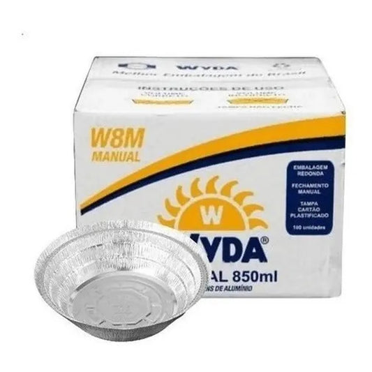 Marmitex redondo de alumínio Wyda com caixa identificada como modelo manual de 850 ml e 100 unidades.
