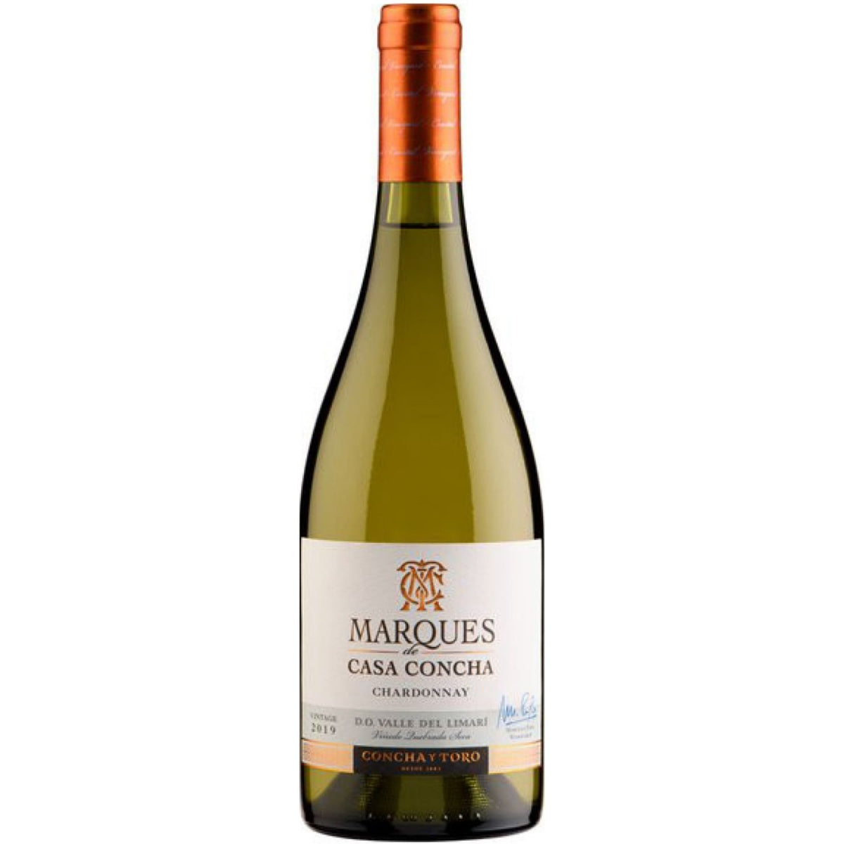 Garrafa de vinho branco Marques de Casa Concha Chardonnay, com cápsula laranja e rótulo claro.
