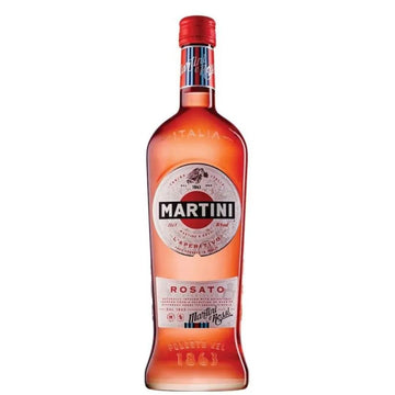 Garrafa de Martini Rosato com líquido rosado, rótulo claro e tampa vermelha.
