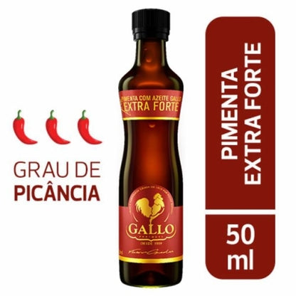 Frasco de molho de pimenta Gallo Extra Forte 50 ml, com indicação de grau de picância.