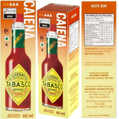 Caixa do molho Tabasco Garlic com vistas da embalagem e do painel de informações nutricionais.